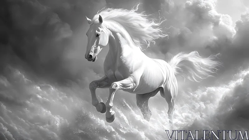 Luminescent white stallion gallops through sculpted storm clouds.