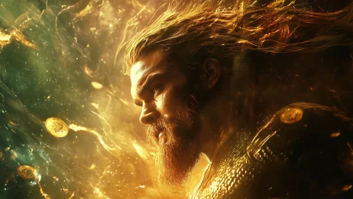 Mythic warrior headshot in molten cosmic turbulence field.