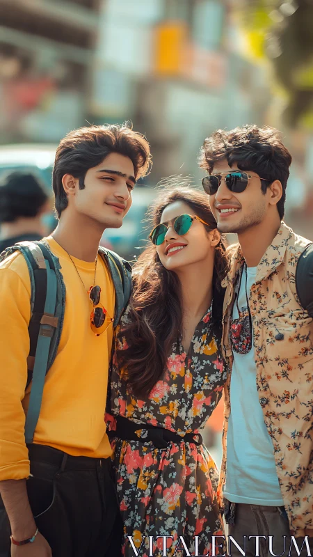 Three urban friends smile in shallow-depth, sunlit portrait
