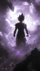 Silhouetted warrior ascends through electrified violet nebula