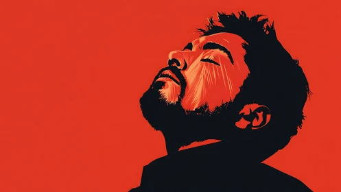 Portrait of a man in red evoking quiet tension and release