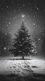 Snow-covered fir tree stands under falling winter night snow