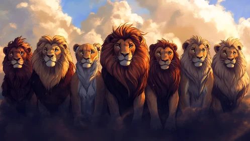 Seven Majestic Lions in Atmospheric Golden Hour Composition.