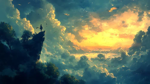 Solitary figure above glowing cloud sea at sunrise.