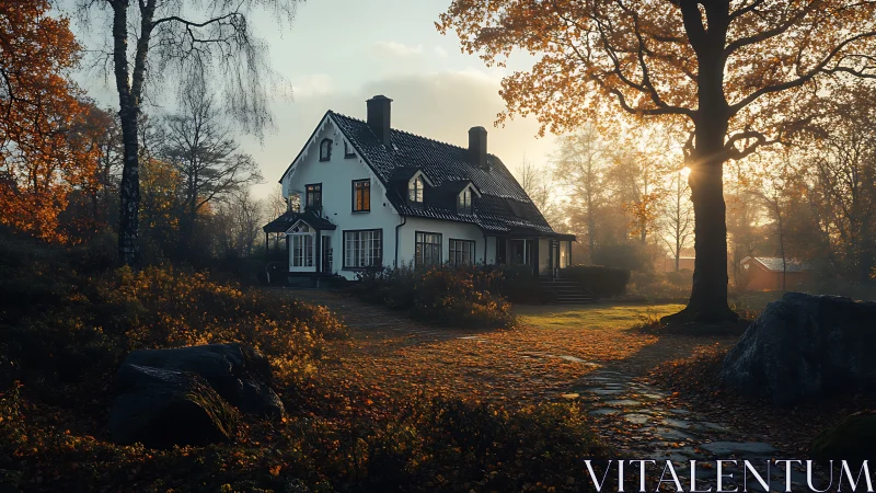 Cozy white country house glowing in gentle autumn light.