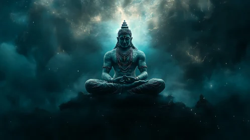 Cosmic meditation with a serene celestial blue deity.