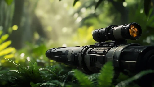 Futuristic jungle rifle resting quietly in lush green cover.
