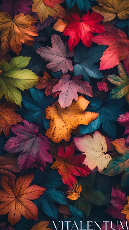 Prismatic forest leaves swirling in a quiet autumn spell.