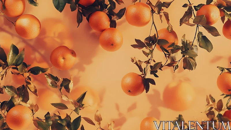 Ripe oranges hang over warm pastel background in sunlight