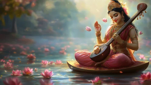 Lotus lake hushes as divine musician paints soft sunrise