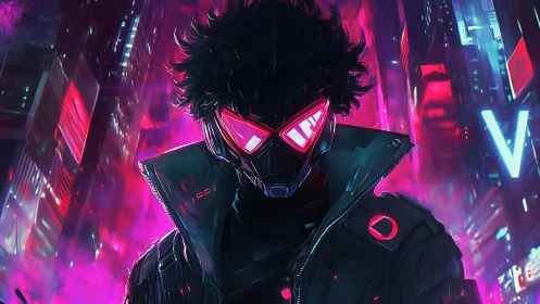 Neon-masked vigilante stands defiant in a cyberpunk citystorm