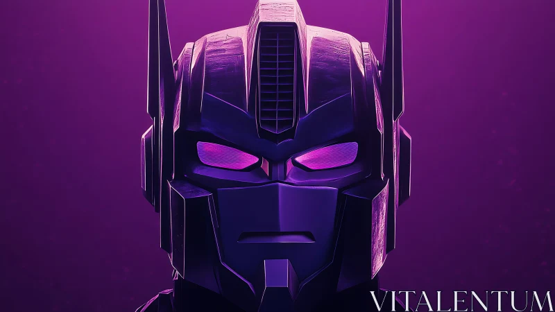 Front-facing robotic helmet in purple neon environment.