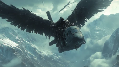 Winged stealth gunship storms through icy mountain skies