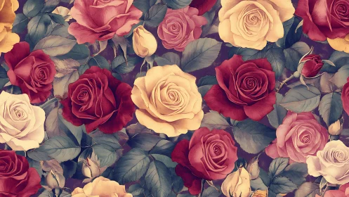 Vintage Rose Garden Composition with Warm Earth Tones.