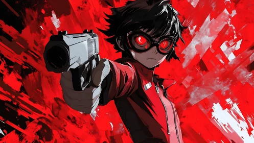 Anime gunfighter levels cold stare amid explosive red chaos.