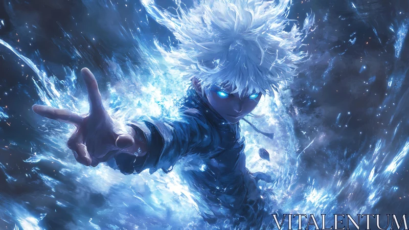 Blue-energized anime combatant channels radial plasma burst