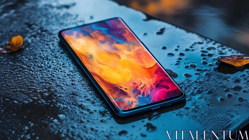 Smartphone displaying vibrant abstract flames with water droplets