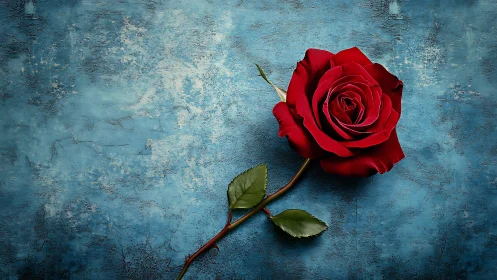 Red Rose on Textured Blue Surface.