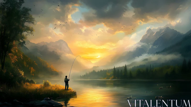 Solitary angler greeting a golden, mist-draped mountain dawn.