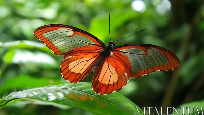 Transparent wing butterfly on leaf in green natural habitat.