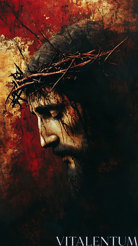 Crowned figure in profile within textured crimson shadows.