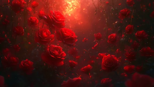 Illuminated Red Roses in Darkened Floral Scene.