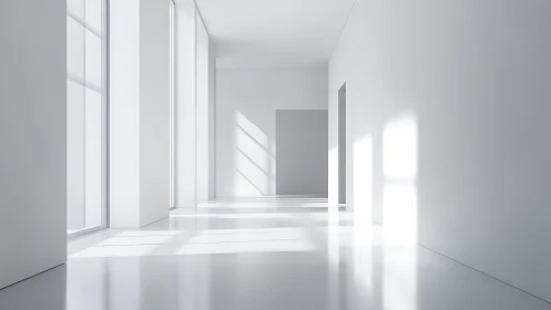 Minimalist white corridor with hard-edged architectural lighting.