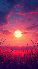 Vibrant crimson meadow under saturated sunset sky panorama