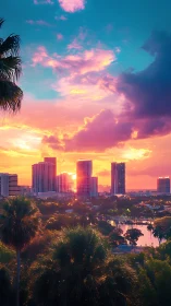Neon sunset skyline glows over tropical waterfront cityscape.