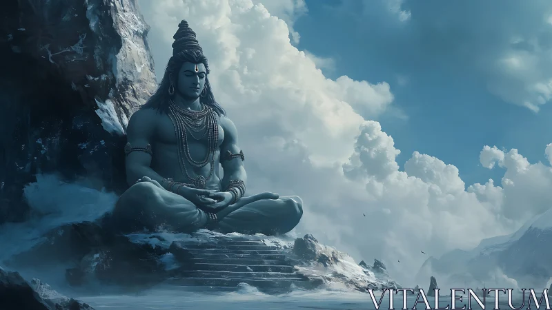 Meditating mountain deity amid vast icy cloudscape.