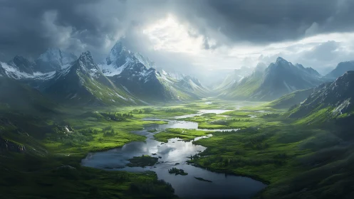 Sunlit alpine valley holds winding river under storm clouds