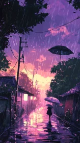 Twilight rain drapes a neon-lit alley in quiet wonder.