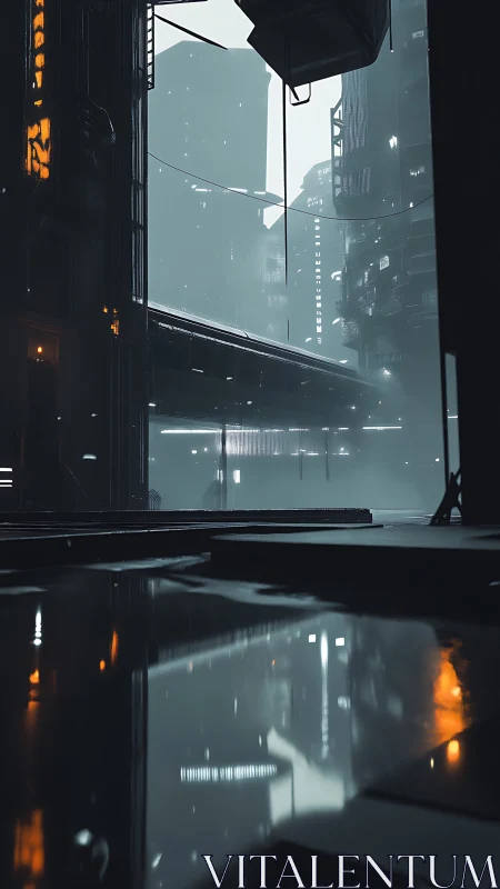 Noir megacity corridor under rain-soaked reflective deck.