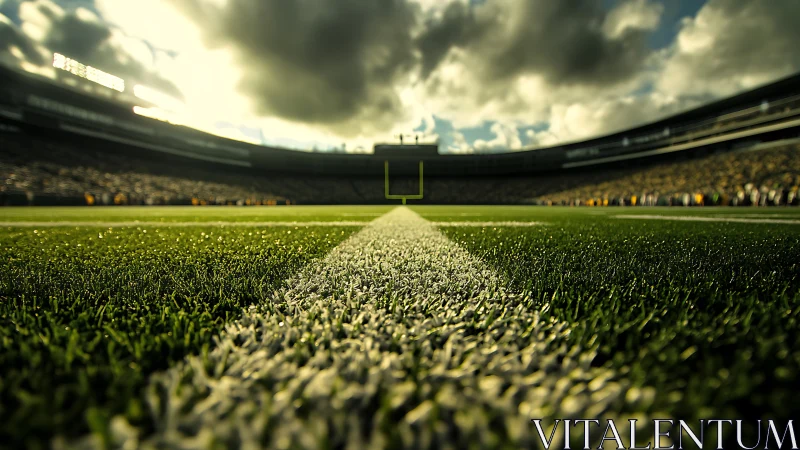 Low-angle view shows football field line and distant goalposts