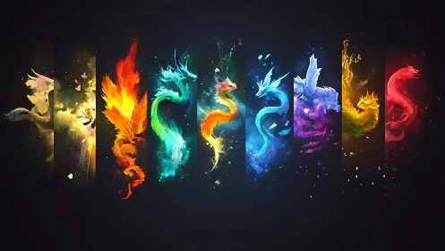 Elemental phoenix spirits rendered in chromatic energy bands.