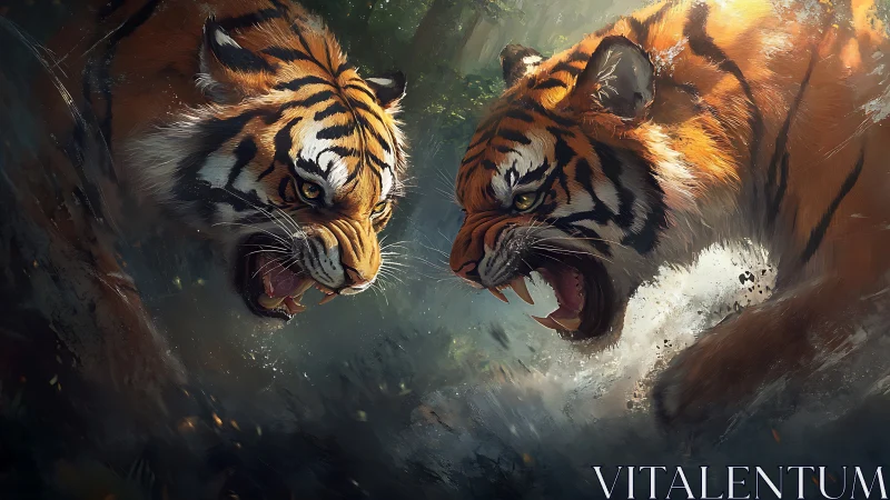 Two tigers confront each other in an aggressive display.
