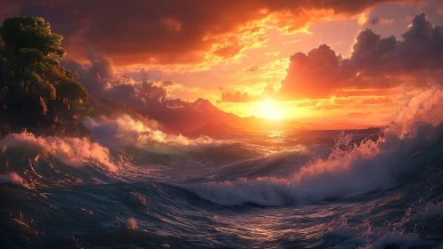 Sunlit tempest waves below blazing coastal sunset sky.