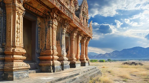 Sunlit temple corridor gazes out across quiet desert plains