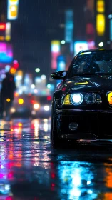 Rain-soaked night street isolates car headlights and neon bokeh