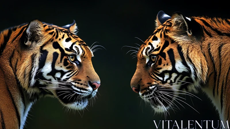 Two Tigers Face to Face Against Dark Background.