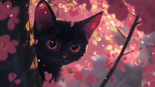 Black cat with red eyes among pink flowering branches at golden hour