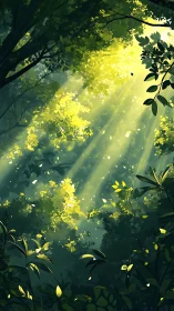 Sunlit forest canopy with drifting leaves in lush green glow.