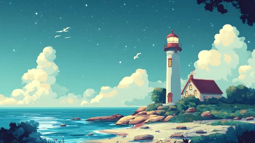 Lighthouse Structure on Rocky Coastal Terrain with Accompanying Dwelling