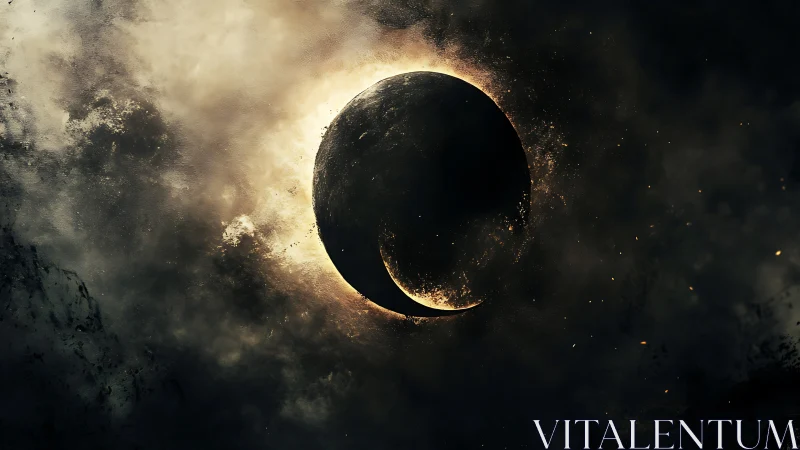 Solar eclipse silhouette with molten corona glow in void.