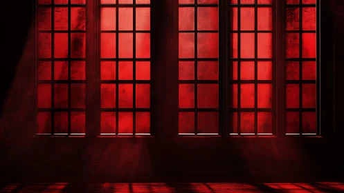 Tall red-paned windows cast strong linear light beams