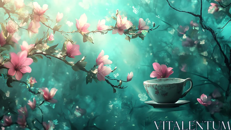 Enchanted blossom tea cup in glowing turquoise forest.