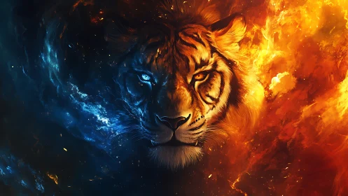 Tiger head dividing blue cold and orange fire fields.