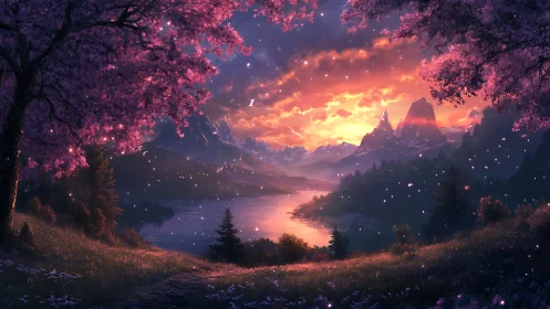 River valley at sunset framed by flowering trees and peaks.