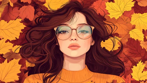 Young woman with glasses lying in colorful autumn leaves.