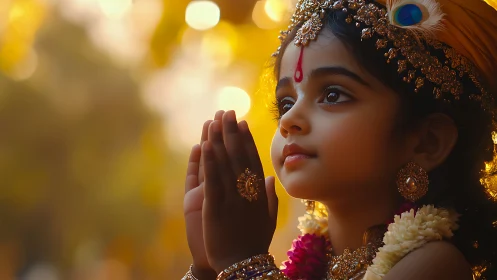 Photorealistic devotional portrait with golden bokeh illumination.